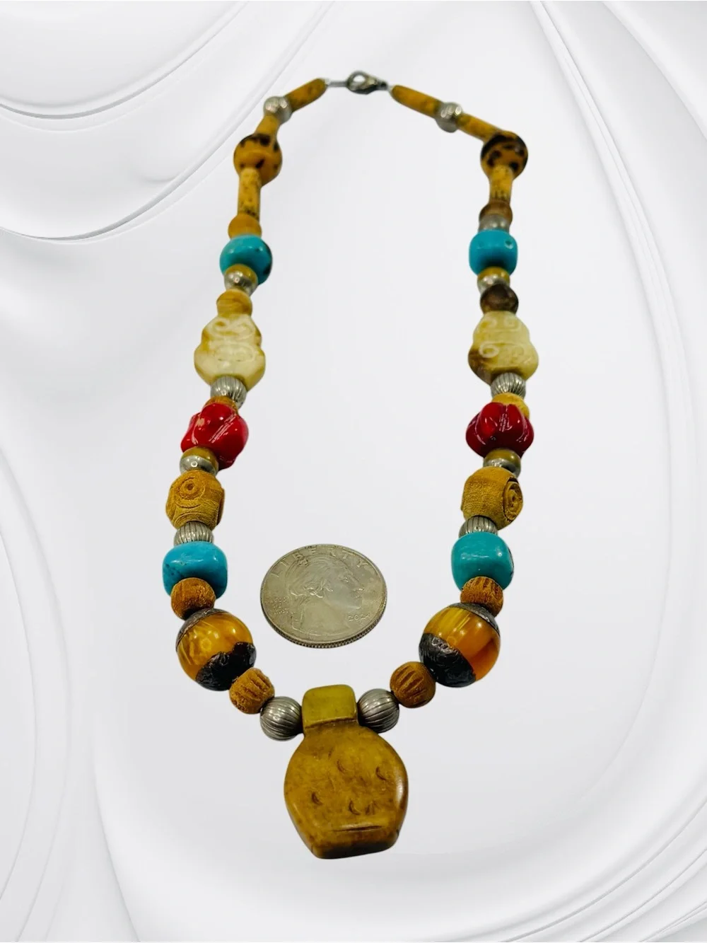 Tibetan Style Wood Stone Pendant Bead Necklace 18” Boho Dangle Red Turquoise